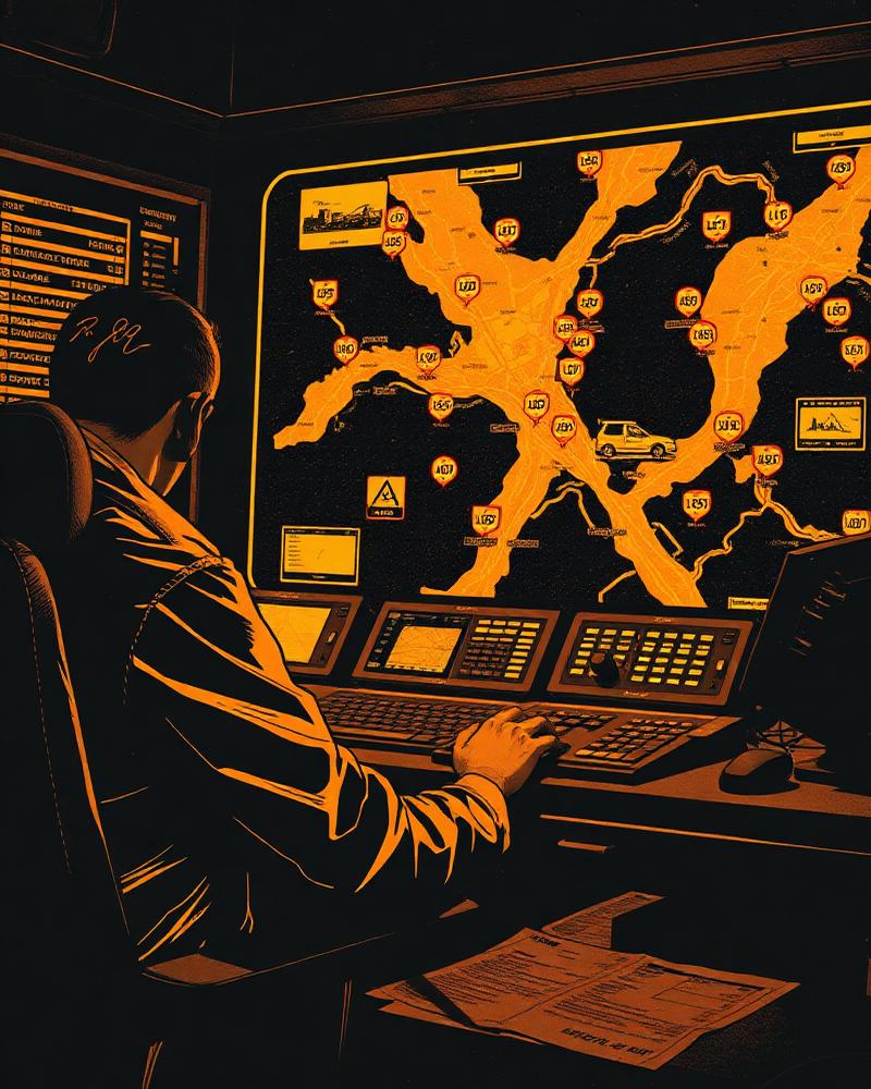 Dispatcher studying a live map of job markers and service vehicles