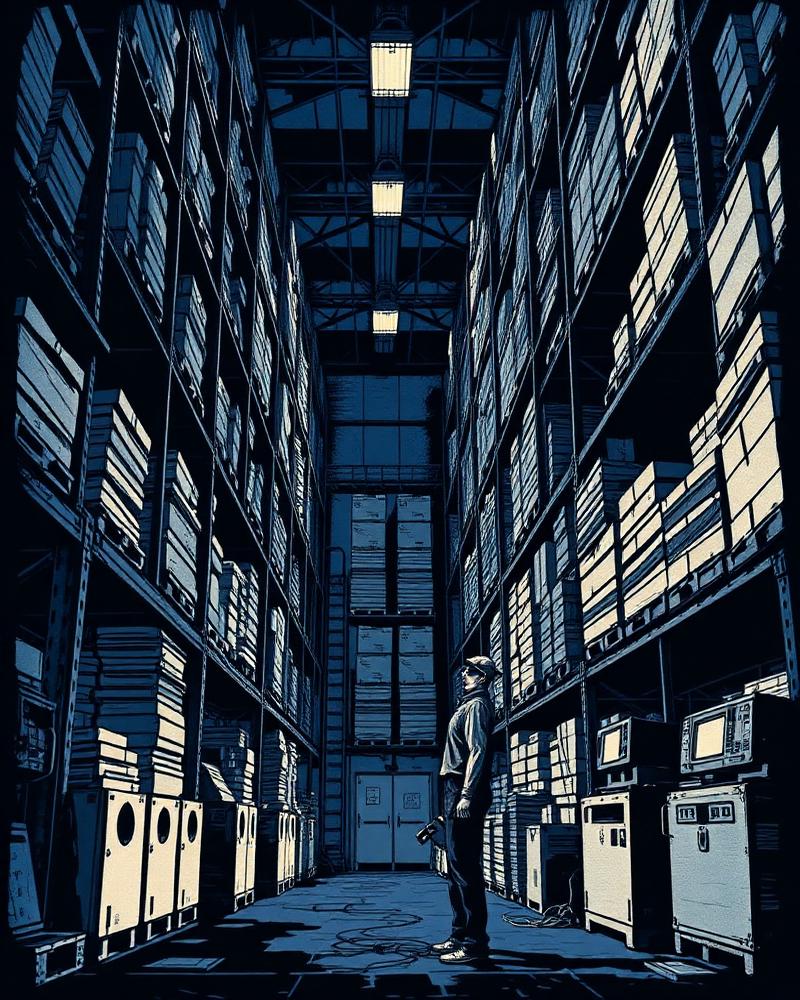 Warehouse shelving stacked with equipment and inventory boxes