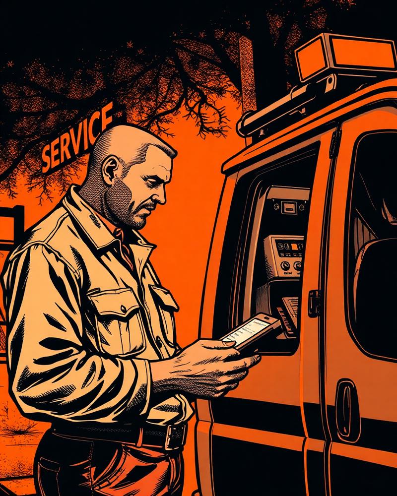Service technician checking payroll and time tracking on a phone